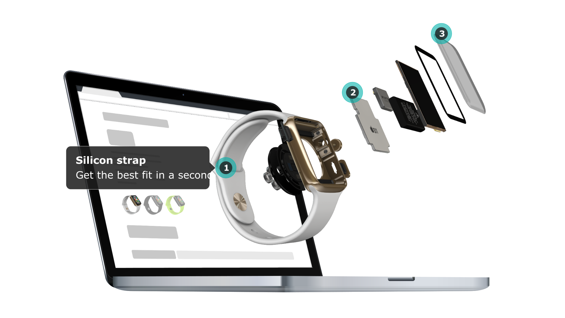 Apple watch in exploded view with annotations. Right side view of the product