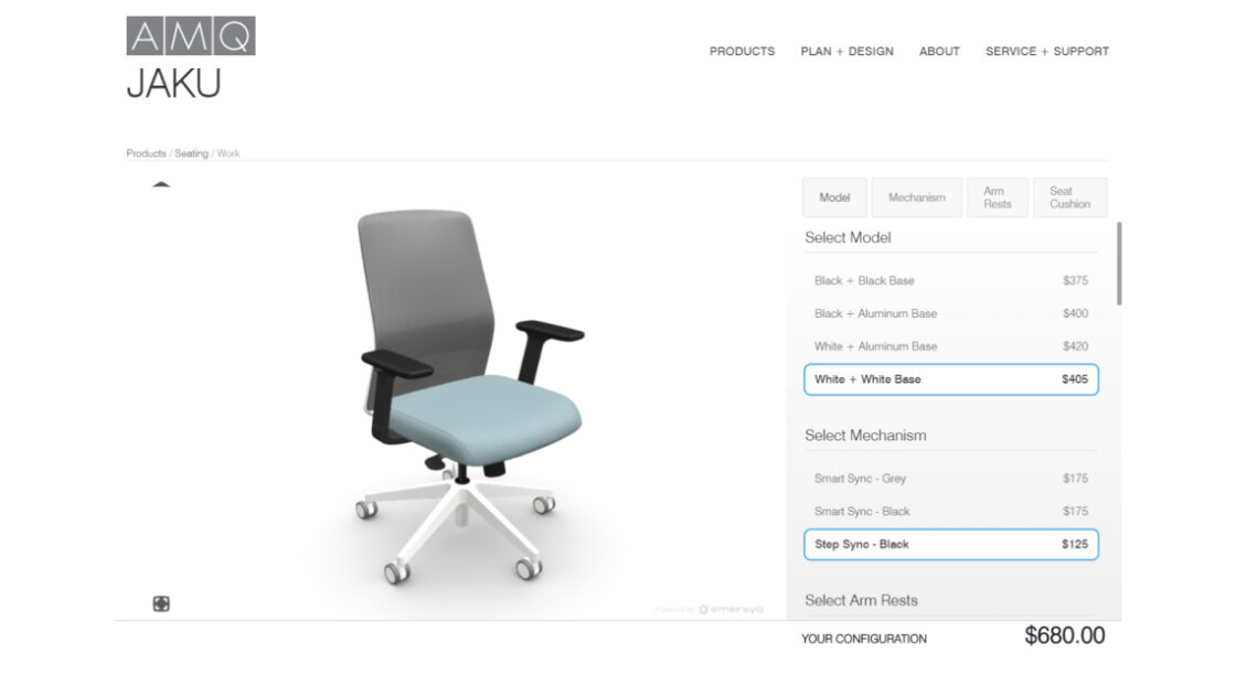 screenshot of the Jaku office chair configurator on the AMQ Solutions website. 3D model on the left, options menu on the right. White wheeled base, black arm rests, light blue seating and grey back rest.