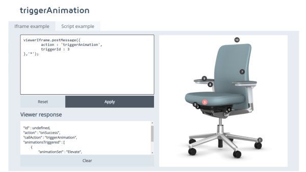 This image presents the seamless integration of the Emersya Iframe on the Vitra webpage. With this Iframe, Emersya will include all the 3D tutorials and story telling interface presenting the functionalities of the model Pacific Chair.