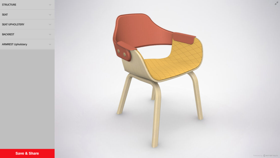 Webpage presenting a configurator of a seat in interactive 3D using the Emersya platform. Use the 3D animations and triggers to discover all the features of this chair and personalize it with all the options the brand is ofering you.