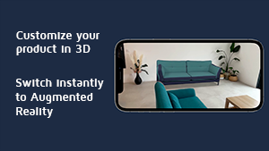 Customer trying a customized turquoise and blue sofa in AR on their smartphone. Product is shown on the customer's living room, against a wall and next to plants.