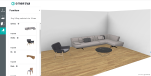 Screenshot of the Emersa room planner. Once the size of the room choosen, you can place the different objects and furnitures available on the left side of the configurator, in order to see in real time how it will fill in the room