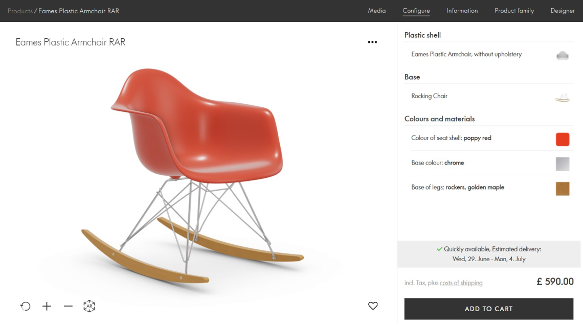 Vitra case studies. You are on the webpage of the Vitra configurator of a Pivot Armchair Cast Base on Castors (PACC). Once the plastic shell and the base choosen, you can choose the color of the seat (poppy red or dark grey). The 3D configurator developped with the Emersya technology permit to see the product live step by step after the choice of each component. The price and delivery time is directly updated.