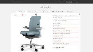 Vitra webpage presenting a tutorial for all the functionalities of the model Pacific Chair. This tutotial include 10 steps : prior to adjustments, seat height, seat depth, backrest resistance, forward tilt & desactivation, backrest locking mechanism, backrest height, armrest height, armrest pads, headrest and coat hanger. Here they present the "forward tilt & desactivation" functionality with a trigger on the 3D view of the chair.