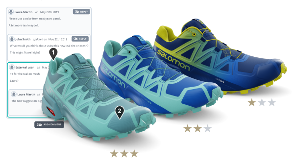 Picture of a Salomon SpeedCross shoe colorways creation process. Based on the variants the teams created with the colors and materials uploaded in the Emersya platform, anyone can comment the different colorways in real-time, to approve or change the design.