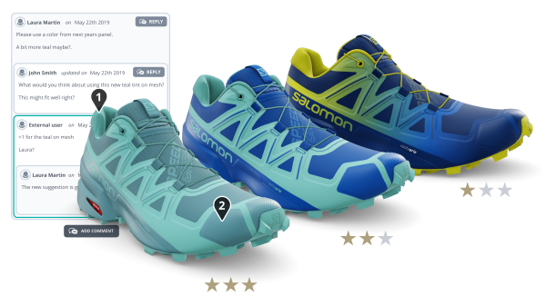 Picture of a Salomon SpeedCross shoe colorways creation process. Based on the variants the teams created with the colors and materials uploaded in the Emersya platform, anyone can comment the different colorways in real-time, to approve or change the design.