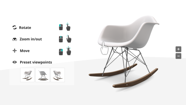 Presentation of the 3D functionalities with possibilities of rotation, zoom, movement of the product and preset viewpoints. the product to illustrate that is a white chair