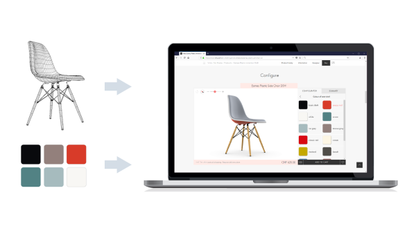 Diagram explaining how to create a configuration experience for you customer on your website. You upload on the Emersya platform a 3D model and the different options of colors, materials...possible and then the customer is free to create in real time his own configuration and order it.