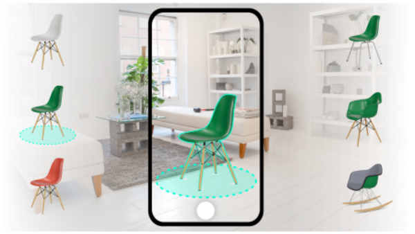 Picture presenting a configuration of a Vitra eames chair in AR with Emersya technology. You can choose live in AR different color of plastic shell and change the base. you see the result live in your environment.