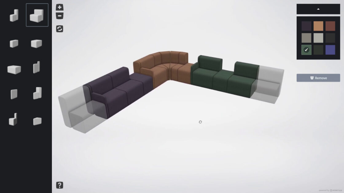 Presentation of a modular configurator of a sofa. Using 3D you can choose the différent pieces of the product presented on the left side of the webpage and assemble them to create your own configuration. You can also change the color of each piece.