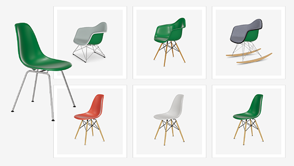 Picture presenting different configurations of a Vitra eames chair with Emersya technology. You can choose live in AR different color of plastic shell and change the base. you see the result live and can generate packshots. here there are 7 different packshots.