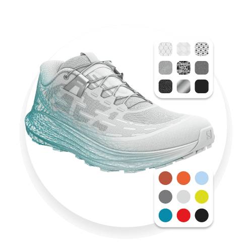 Examples of digital assets: A textured 3D model of Salomon's Ultra Glide Trail Shoe showing the 3D mesh structure, thumbnails of digital materials and a color palette.