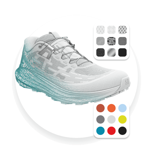 Manage 3D Assets – Salomon Ultra Glide Trail Shoe Examples of digital assets: A textured 3D model of Salomon's Ultra Glide Trail Shoe showing the 3D mesh structure, thumbnails of digital materials and a color palette.