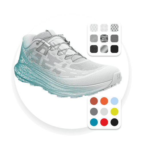 Manage 3D Assets – Salomon Ultra Glide Trail Shoe Examples of digital assets: A textured 3D model of Salomon's Ultra Glide Trail Shoe showing the 3D mesh structure, thumbnails of digital materials and a color palette.