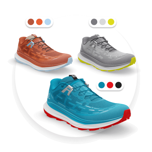 Three example 3D renders of different colorways for the Salomon Ultra Glide shoe colorways and the main colors used to create them on the Emersya DPC Platform.