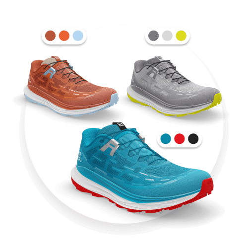 Digital Product Creation – Create colorways Three example 3D renders of different colorways for the Salomon Ultra Glide shoe colorways and the main colors used to create them on the Emersya DPC Platform.