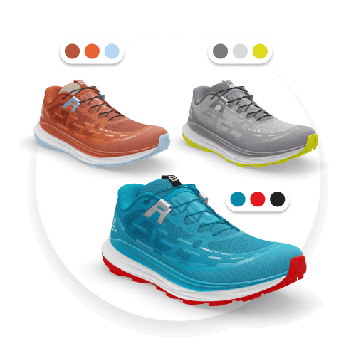 Digital Product Creation – Create colorways Three example 3D renders of different colorways for the Salomon Ultra Glide shoe colorways and the main colors used to create them on the Emersya DPC Platform.