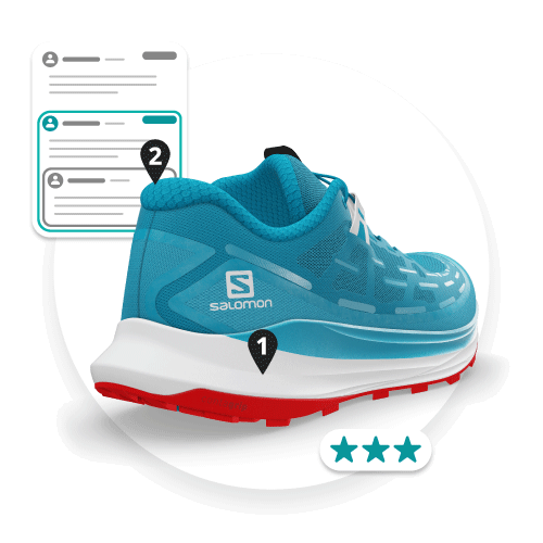 Example of the share and review process on the Emersya DPC platform using the Salomon Ultra Glide Trail Shoe. Different users have added numbered annotations to specific parts of the shoe and there is a discussion for each annotation. There are also 3 stars to show the average rating given to this colorway by the users.