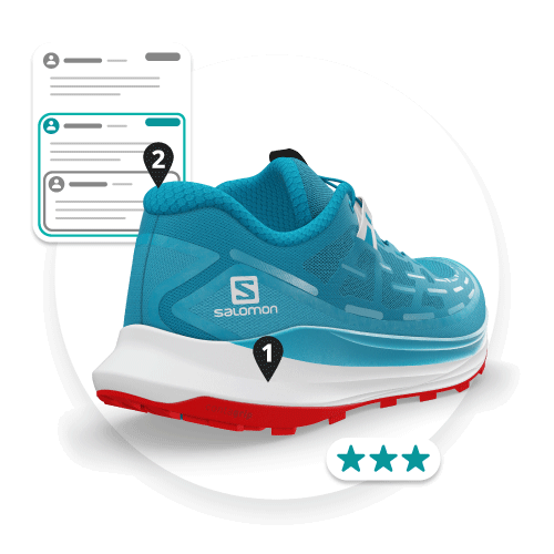 Digital Product Creation – Share, Review & Iterate Example of the share and review process on the Emersya DPC platform using the Salomon Ultra Glide Trail Shoe. Different users have added numbered annotations to specific parts of the shoe and there is a discussion for each annotation. There are also 3 stars to show the average rating given to this colorway by the users.