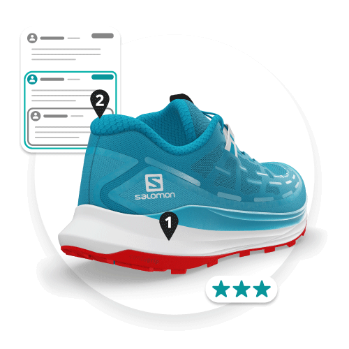 Digital Product Creation – Share, Review & Iterate Example of the share and review process on the Emersya DPC platform using the Salomon Ultra Glide Trail Shoe. Different users have added numbered annotations to specific parts of the shoe and there is a discussion for each annotation. There are also 3 stars to show the average rating given to this colorway by the users.