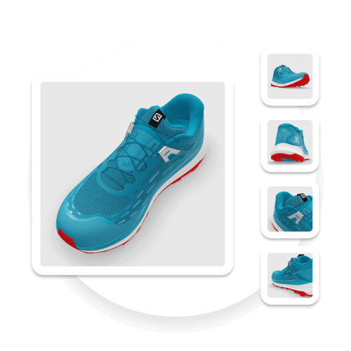 An example of 3D renders generated for the validated colorway (blue white red) of the Salomon Ultra Glide Trail Shoe, displayed as they would be on a typical eCommerce product page. There is one larger image of the shoe showing a top three quarter view and 4 smaller ones from different angles and levels of zoom.