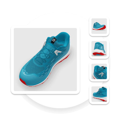 Digital Product Creation – Automate Photo Shoots An example of 3D renders generated for the validated colorway (blue white red) of the Salomon Ultra Glide Trail Shoe, displayed as they would be on a typical eCommerce product page. There is one larger image of the shoe showing a top three quarter view and 4 smaller ones from different angles and levels of zoom.