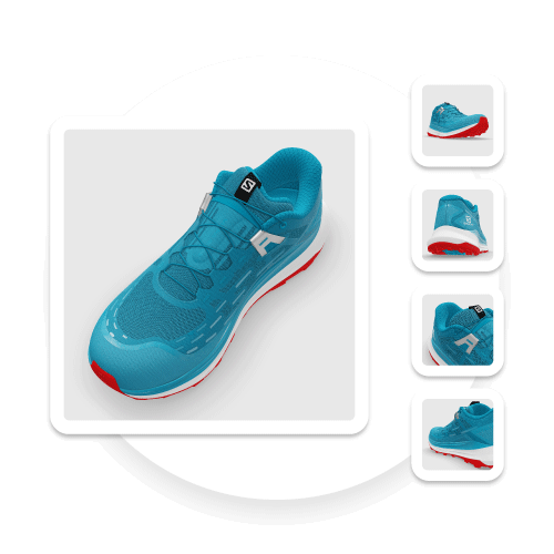 Digital Product Creation – Automate Photo Shoots An example of 3D renders generated for the validated colorway (blue white red) of the Salomon Ultra Glide Trail Shoe, displayed as they would be on a typical eCommerce product page. There is one larger image of the shoe showing a top three quarter view and 4 smaller ones from different angles and levels of zoom.