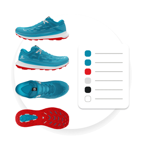 A simplified example of a Tech Pack generated by the Emersya DPC Platform for a colorway of the Salomon Ultra Glide Trail Shoe. There are 4 3D renders of the colorway taken from above, below and the 2 side profiles. There is also a list of the colors and materials selected for each part of the shoe.