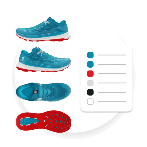 Digital Product Creation – Generate Tech Packs A simplified example of a Tech Pack generated by the Emersya DPC Platform for a colorway of the Salomon Ultra Glide Trail Shoe. There are 4 3D renders of the colorway taken from above, below and the 2 side profiles. There is also a list of the colors and materials selected for each part of the shoe.