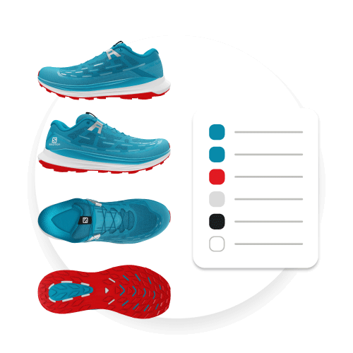 Digital Product Creation – Generate Tech Packs A simplified example of a Tech Pack generated by the Emersya DPC Platform for a colorway of the Salomon Ultra Glide Trail Shoe. There are 4 3D renders of the colorway taken from above, below and the 2 side profiles. There is also a list of the colors and materials selected for each part of the shoe.