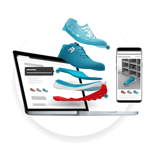 An example of how the 3D model of the validated colorway (blue, red, black) on the Emersya DPC Platform can be used as immersive marketing content for eCommerce. An exploded view showing the different layers of the Salomon Ultra Glide Trail Shoe with dynamic annotations embedded in the online product page or the possibility to visualize the shoe in the customer's physical environment using Augmented Reality.