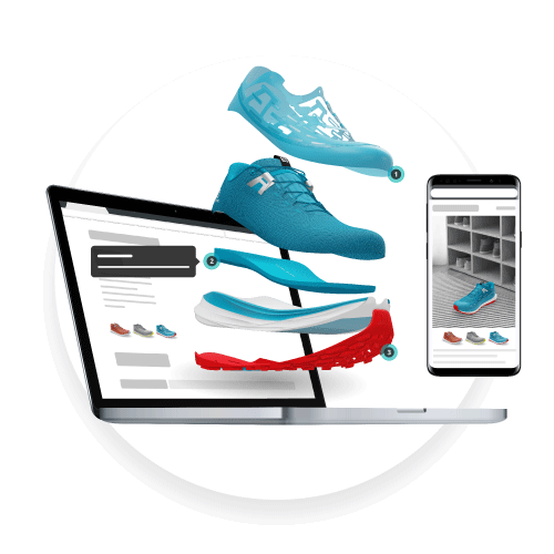 Digital Product Creation – Share and Embed An example of how the 3D model of the validated colorway (blue, red, black) on the Emersya DPC Platform can be used as immersive marketing content for eCommerce. An exploded view showing the different layers of the Salomon Ultra Glide Trail Shoe with dynamic annotations embedded in the online product page or the possibility to visualize the shoe in the customer's physical environment using Augmented Reality.