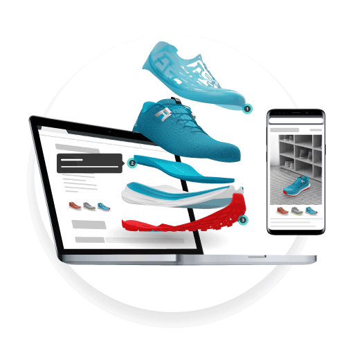 Digital Product Creation – Share and Embed An example of how the 3D model of the validated colorway (blue, red, black) on the Emersya DPC Platform can be used as immersive marketing content for eCommerce. An exploded view showing the different layers of the Salomon Ultra Glide Trail Shoe with dynamic annotations embedded in the online product page or the possibility to visualize the shoe in the customer's physical environment using Augmented Reality.