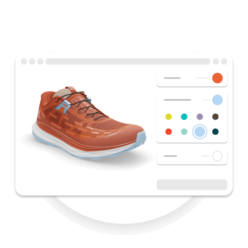 An example of how the 3D model on the Emersya DPC Platform can also be used to create an online product customization experience. A real-time 3D rendering of the Salomon Ultra Glide Trail Shoe is embedded in a mock-up of a webpage with an interface on the right-hand-side showing customization options for the different parts of the shoe.