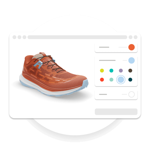 Digital Product Creation – Customize your Products An example of how the 3D model on the Emersya DPC Platform can also be used to create an online product customization experience. A real-time 3D rendering of the Salomon Ultra Glide Trail Shoe is embedded in a mock-up of a webpage with an interface on the right-hand-side showing customization options for the different parts of the shoe.