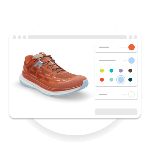 Digital Product Creation – Customize your Products An example of how the 3D model on the Emersya DPC Platform can also be used to create an online product customization experience. A real-time 3D rendering of the Salomon Ultra Glide Trail Shoe is embedded in a mock-up of a webpage with an interface on the right-hand-side showing customization options for the different parts of the shoe.