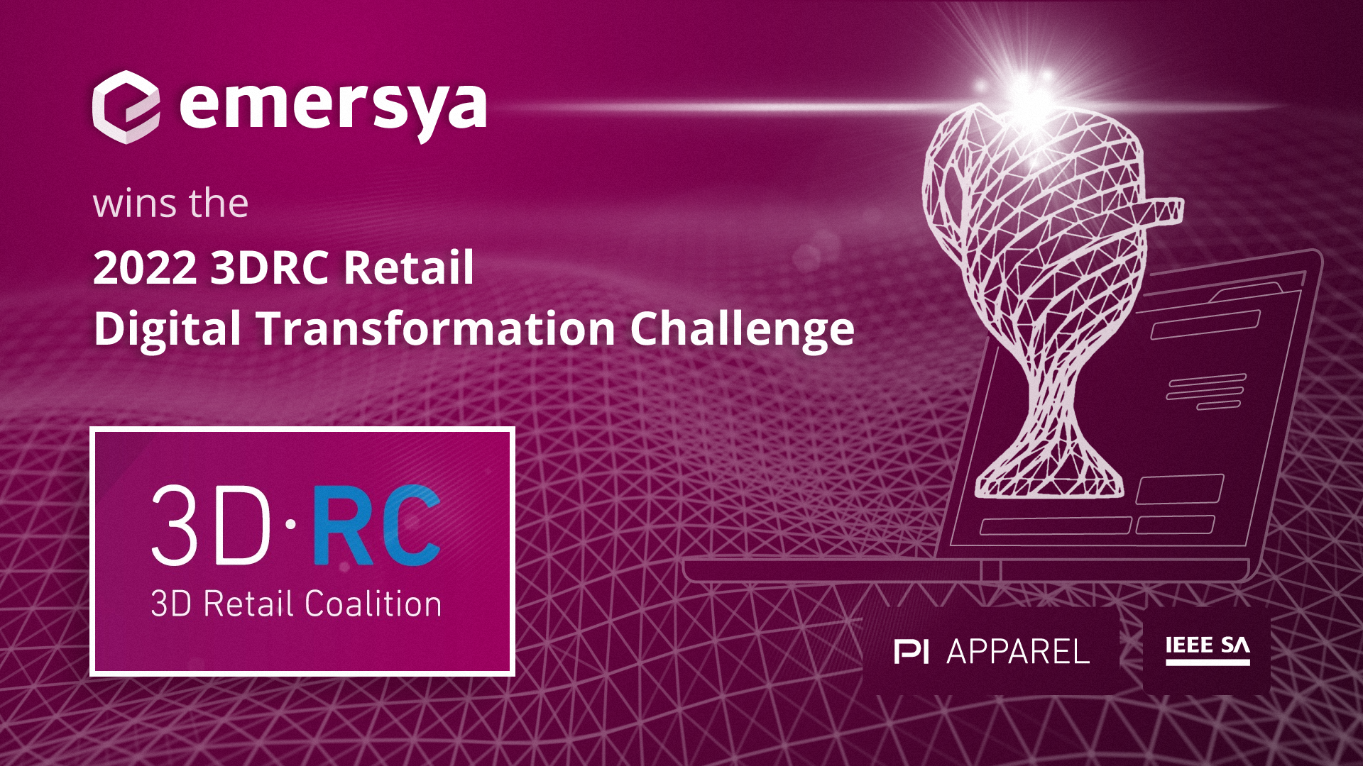 Photo représentant le prix 3D Retail Coalition décerné par l'IEEE Standards Association à Emersya en 2022 pour son action en faveur de la transformation digitale du commerce de détail.