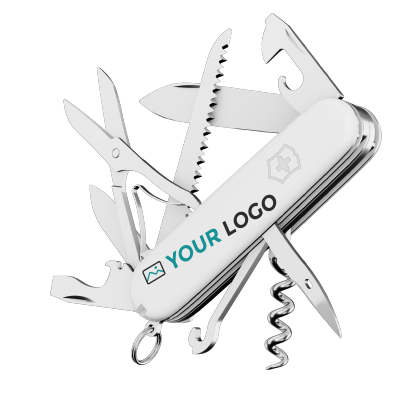 Image d'un couteau Victorinox multifonctions personnalisé modèle Huntsman. Le client a déjà choisi le modèle (combinaison de lames) la couleur blanche du manche et a inséré un logo.