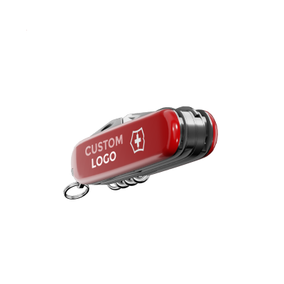 Picture of a personalized Victorinox knife. The customer already choosed the model of the knife (the combination of blades ), a red handle and inserted a logo.