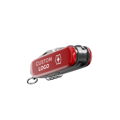 Image d'un couteau Victorinox multifonctions personnalisé modèle Huntsman. Le client a déjà choisi le modèle (combinaison de lames) la couleur rouge du manche et a inséré un logo.