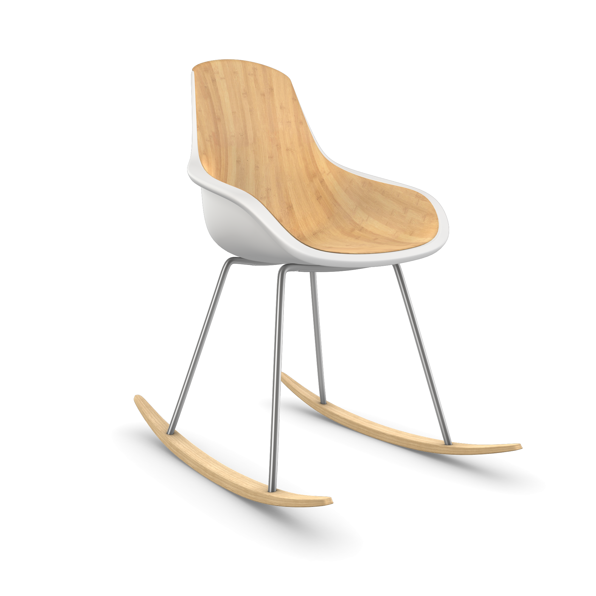 Picture of a configuration of a Vitra chair with a white plastic shell with a bamboo finish for the seat cushions and a rockin chair base