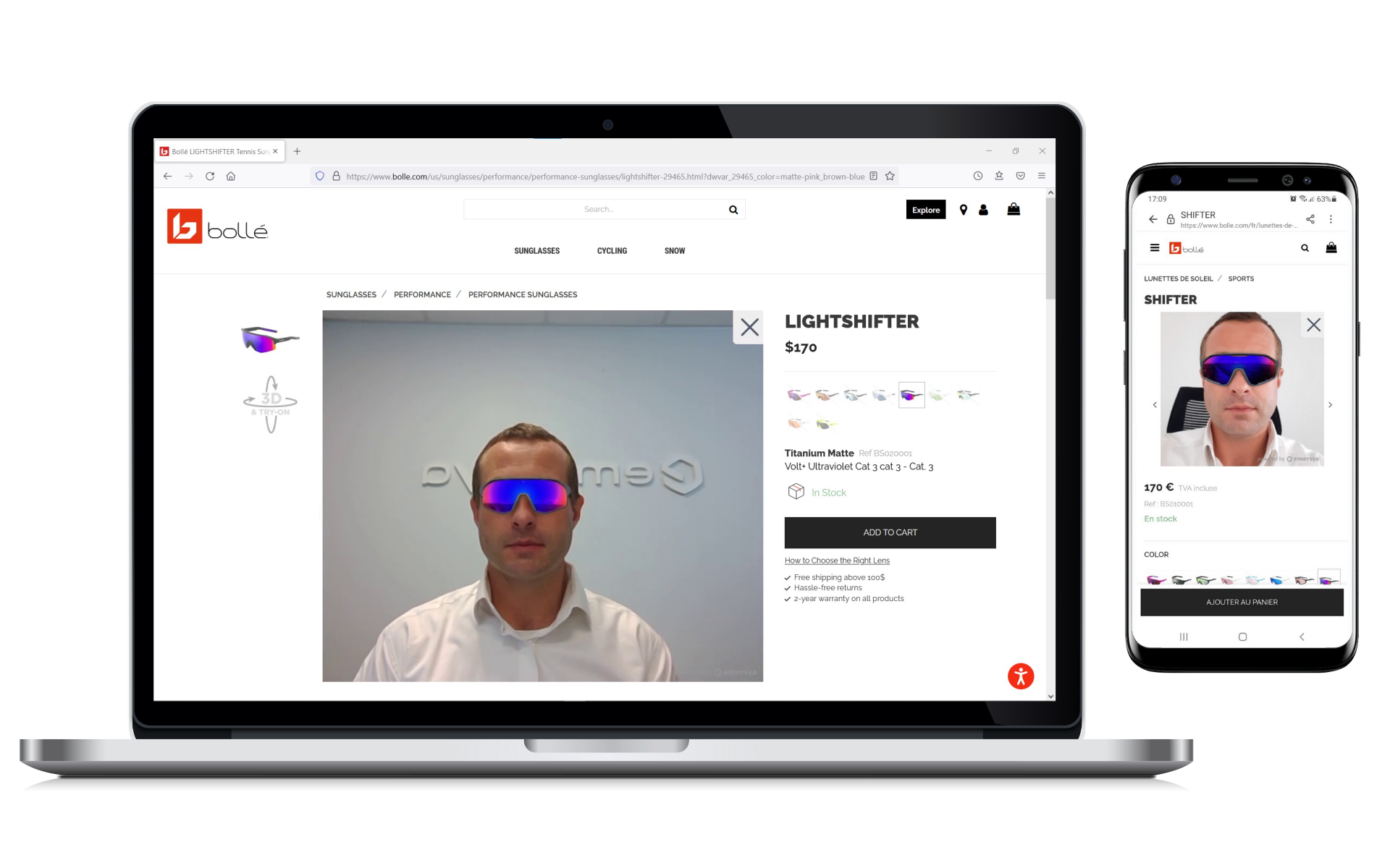 Screenshot of the Bollé brand sunglasses webpage. On the image a young guy is trying on Bollé Lightshifter sunglasses through AR directly on the webpage. The picture shows a laptop and a mobile phone to illustrate the fact that it works on any device with a camera without any additional software.