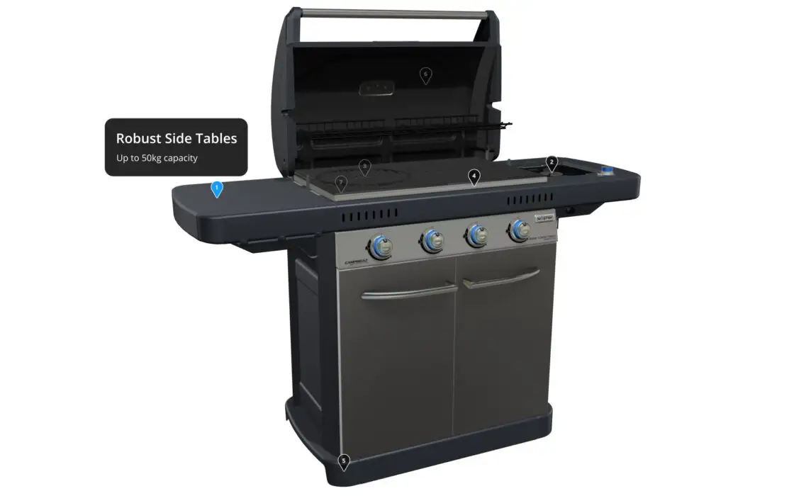 Découverte en 3D du produit Coleman Campingaz BBQ. Vous pouvez utiliser les animations 3D et les déclencheurs pour découvrir toutes les caractéristiques du barbecue Coleman Campingaz. Ici une visite guidée avec présentation des options est en cours.