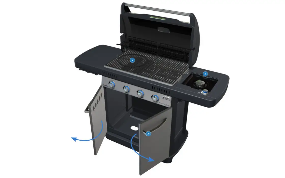 Découverte en 3D du produit Coleman Campingaz BBQ. Vous pouvez utiliser les animations 3D et les déclencheurs pour découvrir toutes les caractéristiques du barbecue Coleman Campingaz. Par exemple, pour ouvrir les portes avant.