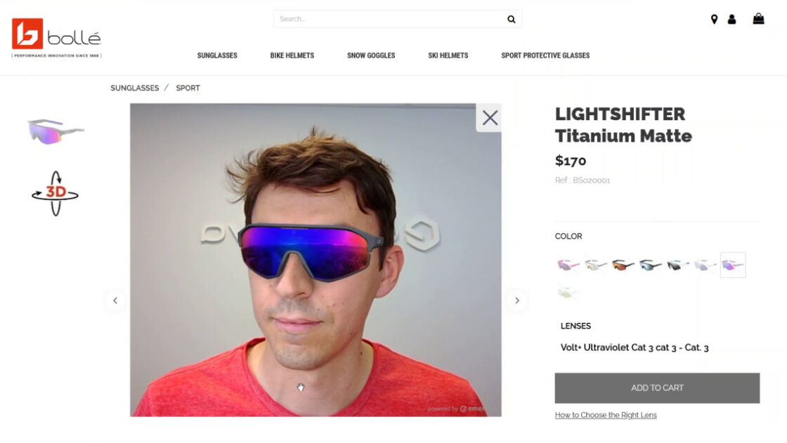 Études de cas : Capture d'écran de la page web des lunettes de soleil de la marque Bollé. Sur l'image, un jeune homme essaie les lunettes de soleil Bollé Lightshifter grâce à la RA directement sur la page web. L'image montre un ordinateur portable et un téléphone mobile pour illustrer le fait que cela fonctionne sur n'importe quel appareil doté d'une caméra sans aucun logiciel supplémentaire.