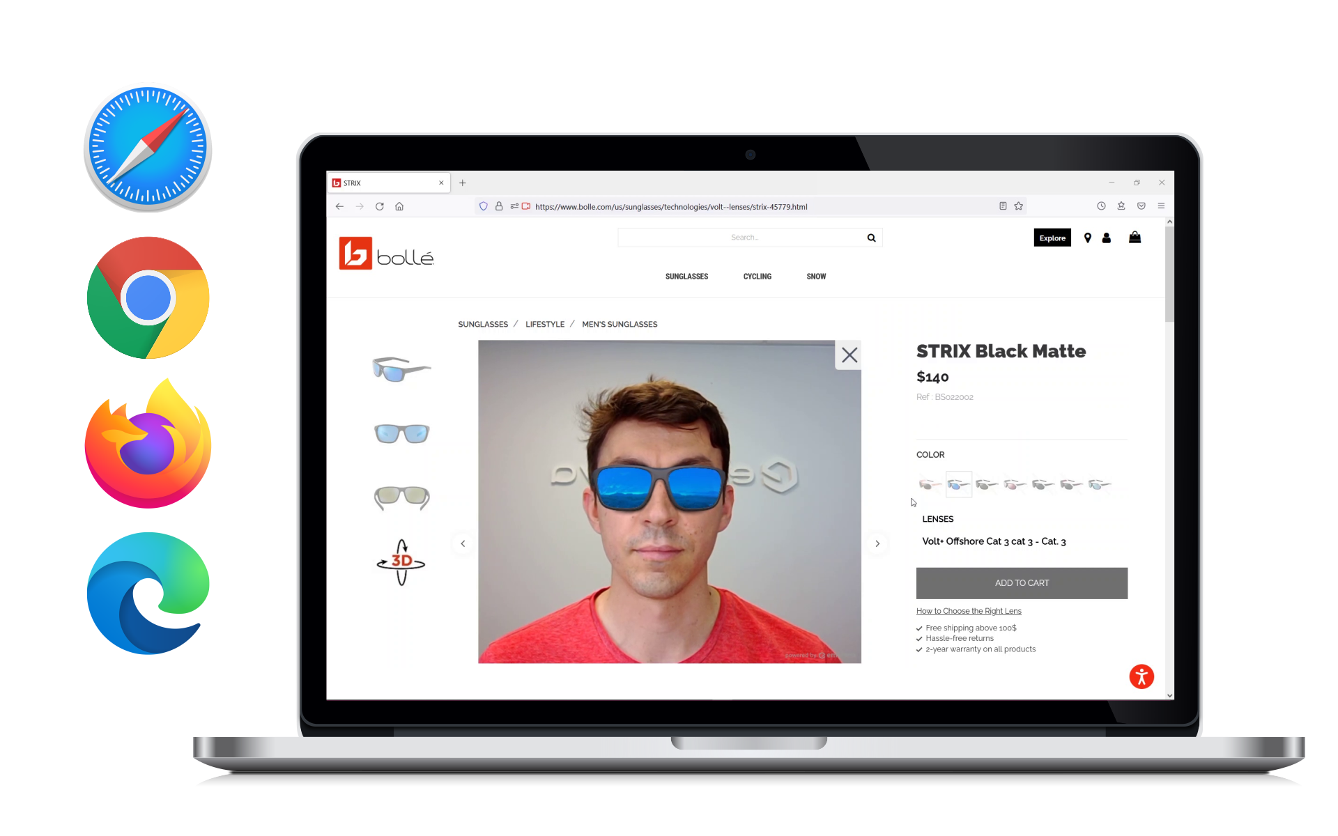 Screenshot of the Bollé brand sunglasses webpage. On the image a young guy is trying on Bollé Strix sunglasses through AR directly on the webpage. The picture shows a laptop to illustrate the fact that it works on any web browser with the camera of the device without any additional software.