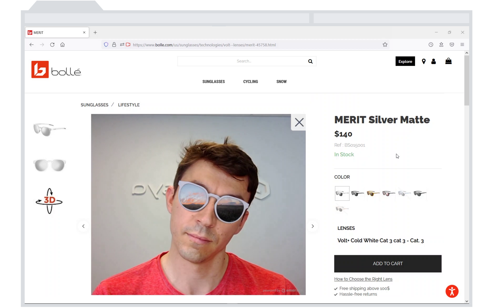 Screenshot of the Bollé brand sunglasses webpage. On the image a young guy is trying on Bollé Merit sunglasses through Emersya's AR directly on the webpage. The picture shows a laptop and a mobile phone to illustrate the fact that it works on any device with a camera without any additional software.