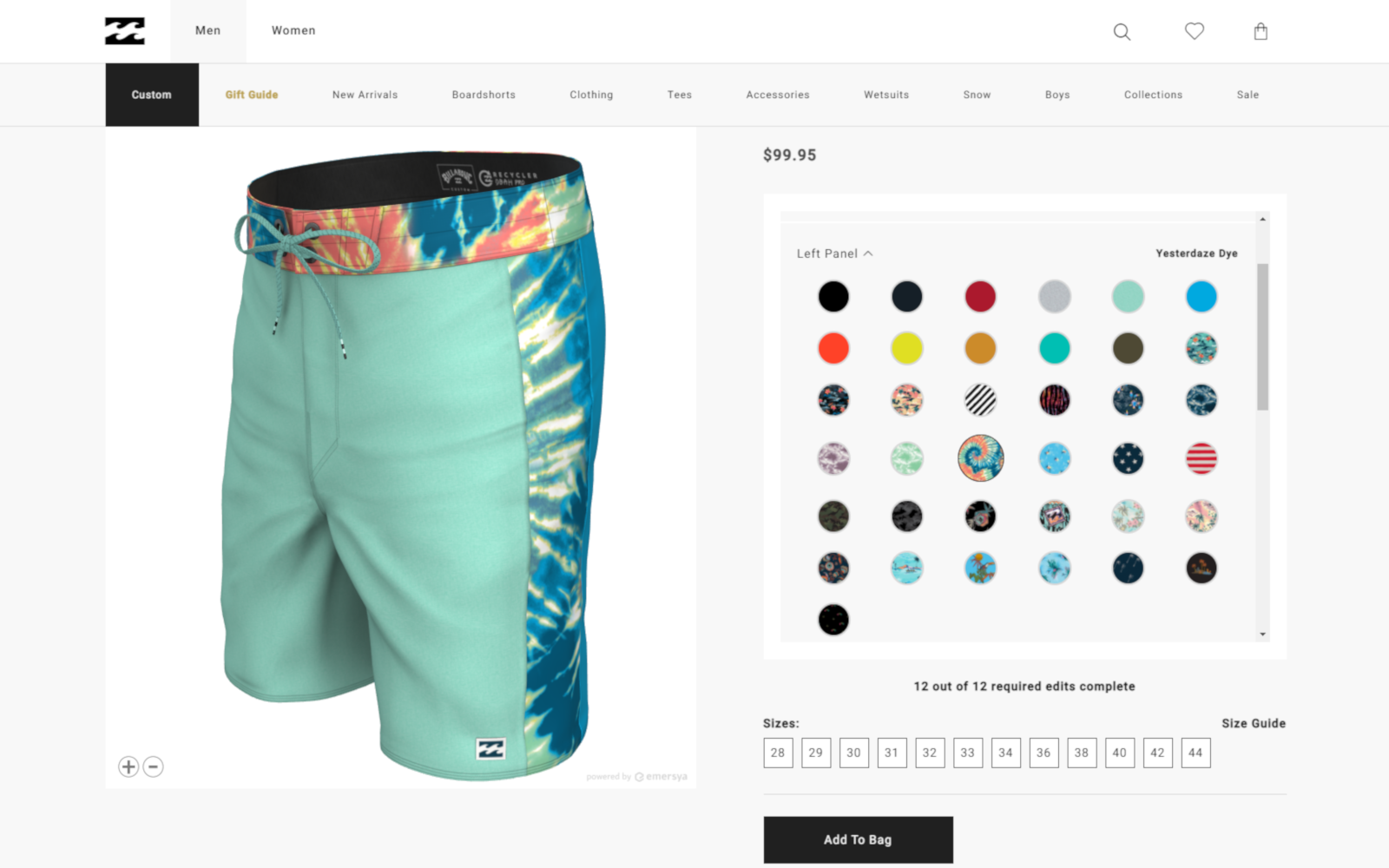 Études de cas : Page web Billabong dédiée à la personnalisation d'un boardshort avec la technologie Emersya. Pour créer votre propre boardshort, vous pouvez choisir votre taille, changer les couleurs ou les graphismes de chaque partie : ceinture, tous les panneaux, le cordon de serrage, les oeillets, les patchs et vous pouvez choisir une broderie personnalisée. Une fois personnalisé, vous pouvez le commander en ligne.