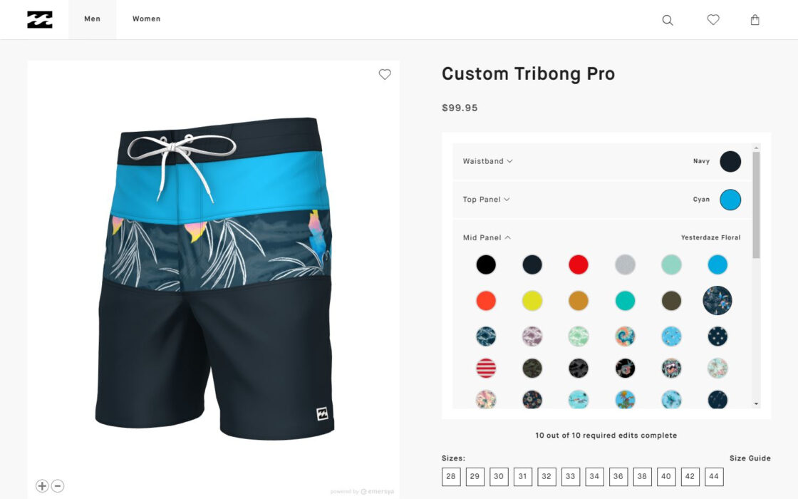 Customisation en ligne d'un boardshort Triibong pro sur le site Billabong. Le customizer dispose d'une visionneuse Emersya Interactive 3D intégrée dans la partie gauche de la page montrant une version personnalisée du boardshort et le menu de personnalisation sur la partie droite montrant une liste des parties personnalisables et une vignette de la couleur / option d'impression sélectionnée pour chaque partie. Les options disponibles pour le panneau central sont illustrées.