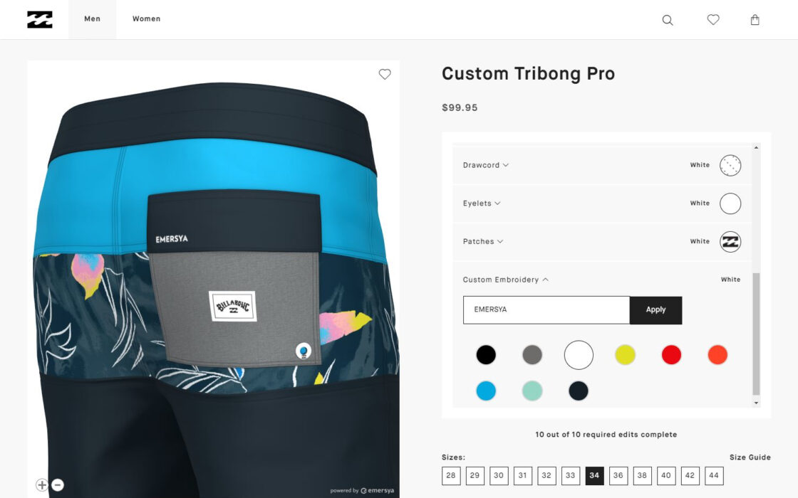 Page web Billabong dédiée à la personnalisation du boardshort Tribong pro avec la technologie Emersya. Pour vous créer. Pour créer votre propre boardshort, vous pouvez choisir votre taille, changer les couleurs ou les graphismes de chaque partie : ceinture, tous les panneaux, le cordon, les oeillets, les patchs et vous pouvez choisir une broderie personnalisée. Une fois personnalisé, vous pouvez le commander en ligne.